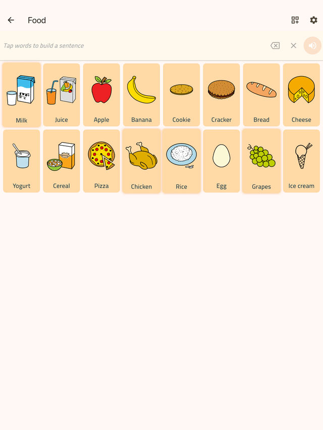 A Lighthouse AAC category board, showing food words