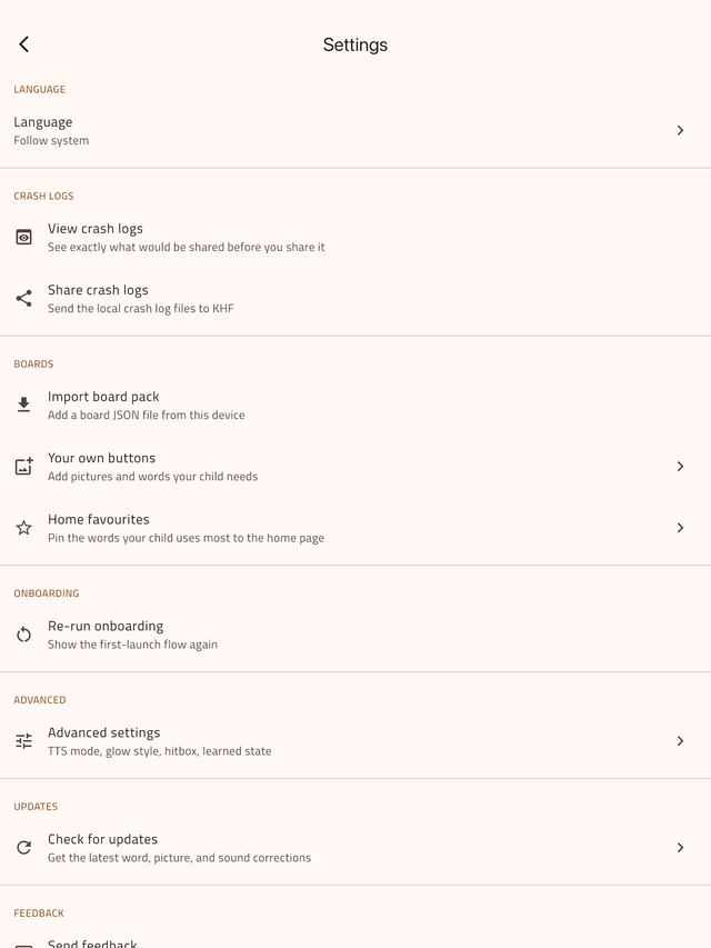 The Lighthouse AAC parent settings screen